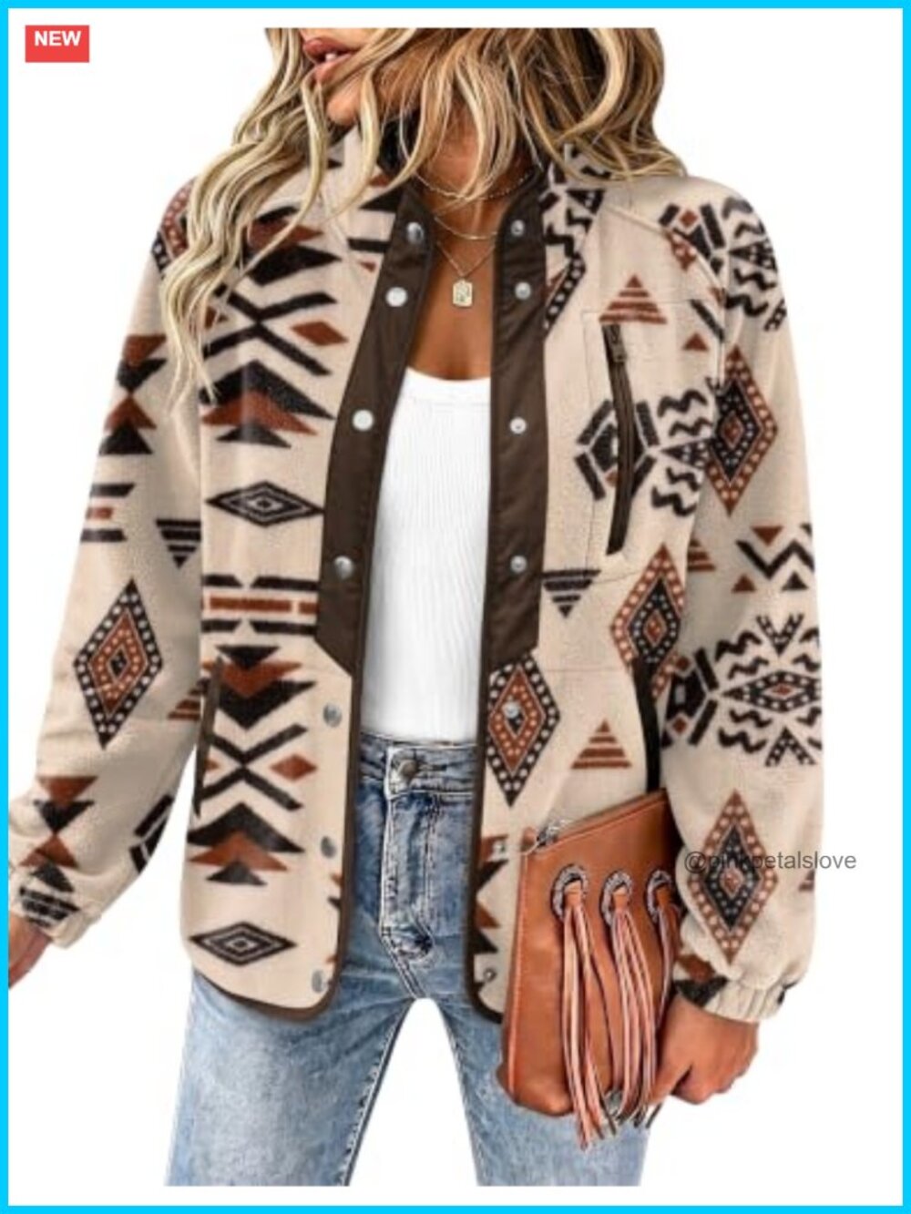 Women's Fleece Jacket Aztec Print Snap Button Western Outerwear